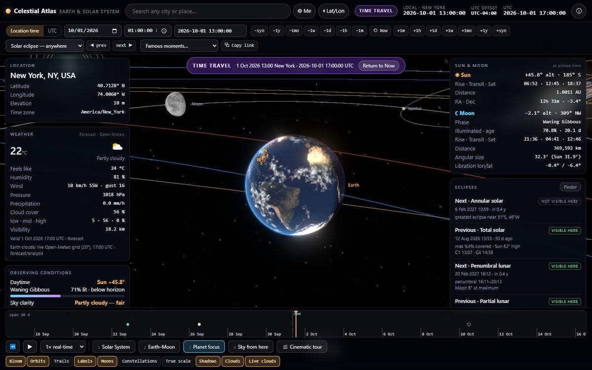 Earth with a marker at the chosen location, city lights and clouds, in Celestial Atlas