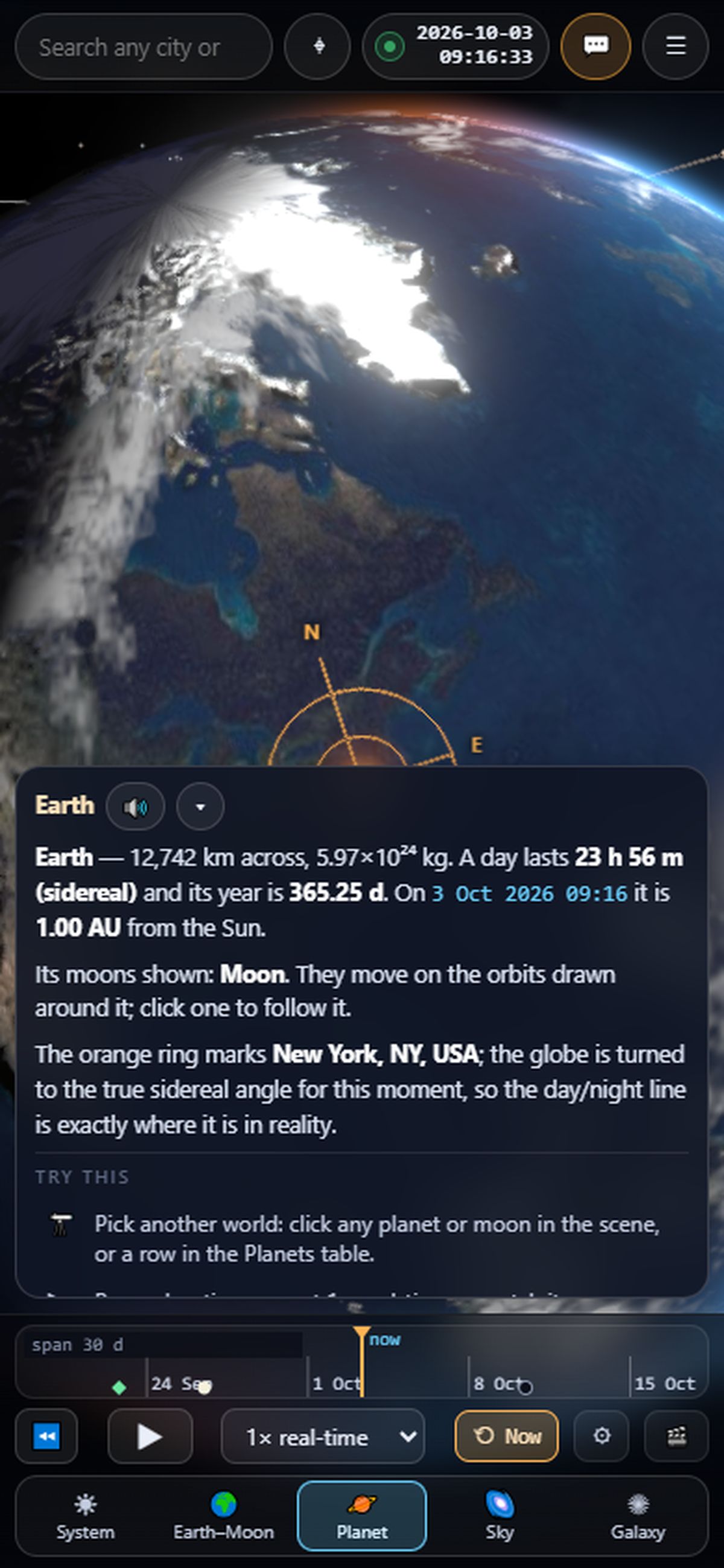 Celestial Atlas on a phone with the live guide card open