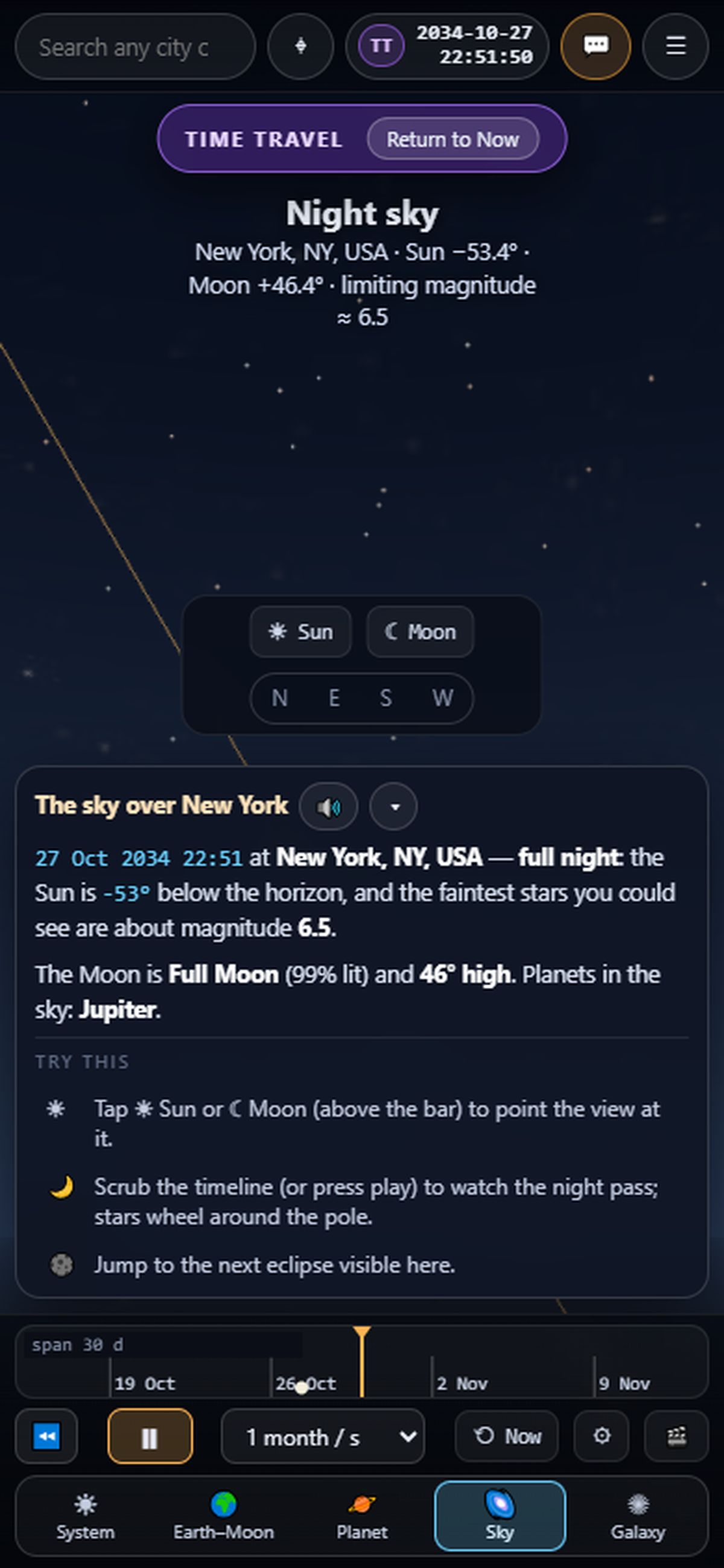 The Sky view on a phone showing a night sky with the Moon and planet list