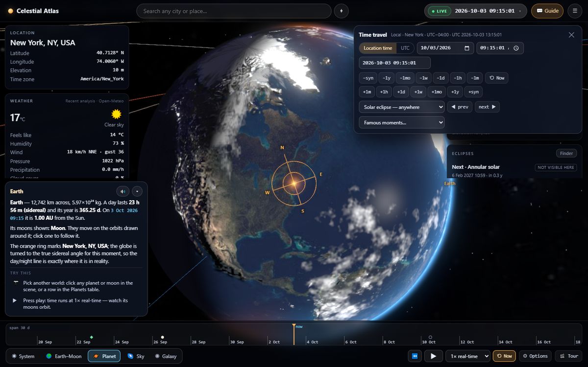 The time-travel panel open over Earth in Celestial Atlas