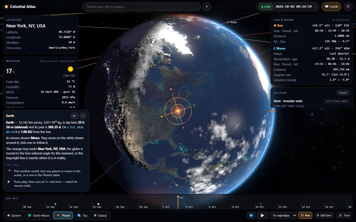 Earth with live clouds and the weather card in Celestial Atlas